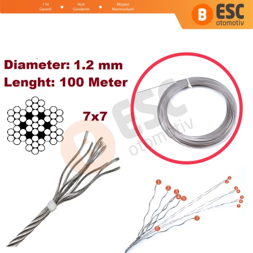 Araç Kapı Kaput Açma Teli Tamiri için 7x7 Örgülü Çelik Tel Halat Tamir Kablosu Çap: 1.2 mm Uzunluk: 100 metre