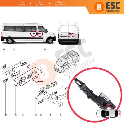 Renault Master MK3 Nissan NV400 Interstar Opel Movano B 806064162R İçin Sağ Ön veya Sağ Arka Sürgü Kapı veya Arka Bagaj Dış Açma Kolu Desteği