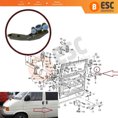 VW Transporter T4 1990-2003 için Sol Arka Sürgülü Kapı Orta Makarası