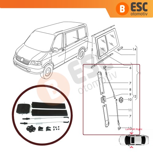 VW T5 Caravelle İçin Yan Sürgülü Cam Tamir Seti 7H0847781B