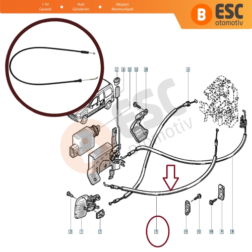 Renault Kangoo MK1 İçin Sol Sürgülü Kapı İç Açma Teli 8200182967