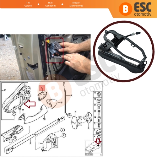 BMW X5 E53 2000-2006 İçin Arka Sol Kapı Dış Açma Kolu Taşıyıcı Mekanizma Braketi 51228243635