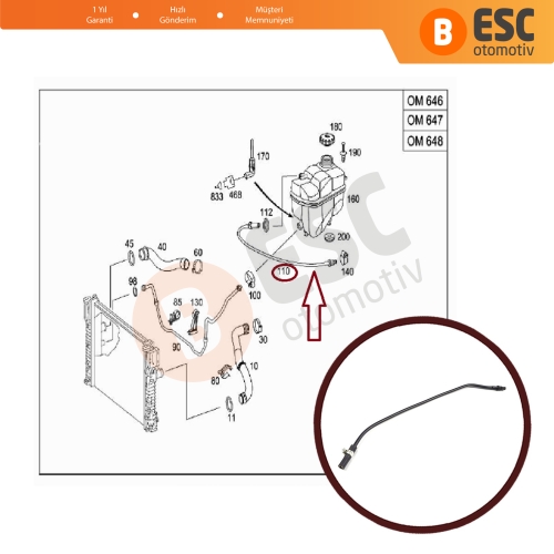 Mercedes E Class W211 OM646 2.1 D için Motor Soğutucu Taşma Hortumu Havalandırma Borusu 2115011525