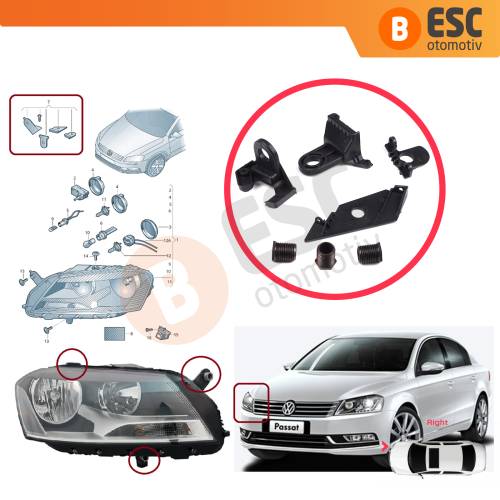 VW Passat 3C B7 362 365 2011-2014 3AA998226 İçin Sağ Ön Far Ayak Tamir Seti 