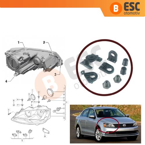 VW Jetta MK6 A6 5C6 2010-2018 5C7998226 İçin Sağ Ön Far Ayak Tamir Seti 