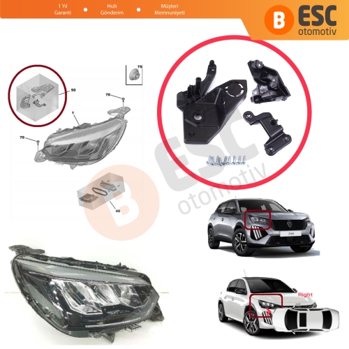 Peugeot 208 e-208 MK2 P21 2008 e-2008 MK2 P24 2019-On 1656169480 İçin Sağ Ön Far Ayak Tamir Seti